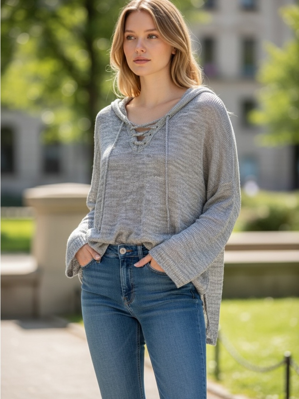 Relaxed Lace-Up Hoodie Sweater - Gray - Picture 7 of 9